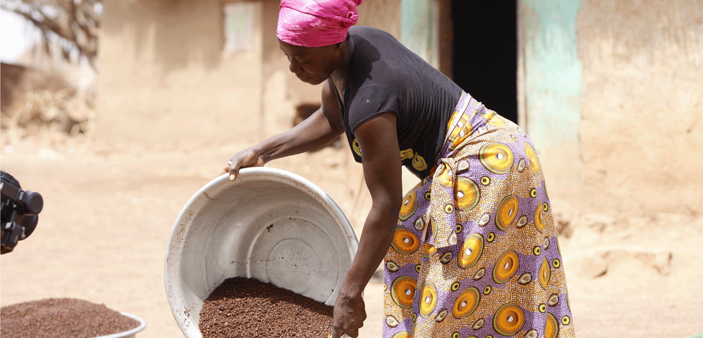 About Us banner image where a person wearing a pink headscarf and a long, patterned skirt is leaning over, holding a large metal basin with brown shea nuts inside. They are pouring the nuts onto a pile on the ground. The pure shea butter is sourced from Ghanian Women's cooperative for Aviela Skincare.