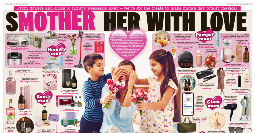 A section of a newspaper spread titled "SMOTHER HER WITH LOVE," featuring various Mother's Day gift ideas. In the upper right section, a brown pump bottle of Aviela Shea Body Lotion is displayed next to its matching box on the far top right. The bottle has the Aviela logo and "Shea Body Lotion" visible on its label.