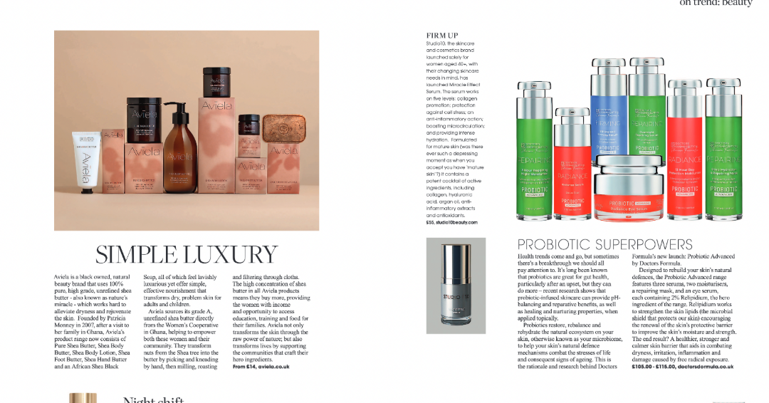 A professional studio shot of a full line of Aviela beauty products. The products are Pure Shea butter, Shea body butter, shea body lotion, shea hand lotion, shea foot butter, and African black shea bar soap. To the bottom, a section of text is visible, with a large headline that reads "SIMPLE LUXURY" followed by a description of the Aviela brand and its products. The text mentions that Aviela is a Black-owned, natural beauty brand founded by Patricia Monney, and that their products are made with 100% pure