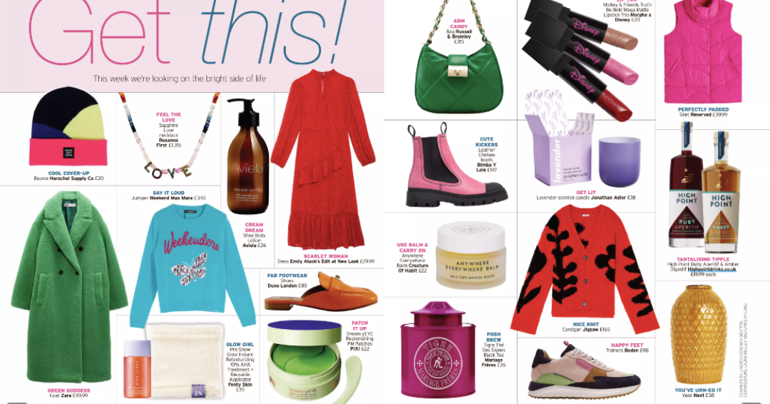 A page from a magazine or newspaper with the headline "Get this!" It is a product roundup featuring various items, including fashion, accessories, and beauty products. A brown pump bottle of Aviela Shea Body Lotion is displayed prominently in the top section, next to a red dress. Other items on the page include a green coat, a pink and black beanie, a "LOVE" necklace, a blue "Weekender" sweater, boots, a red cardigan, sneakers, and various other products.