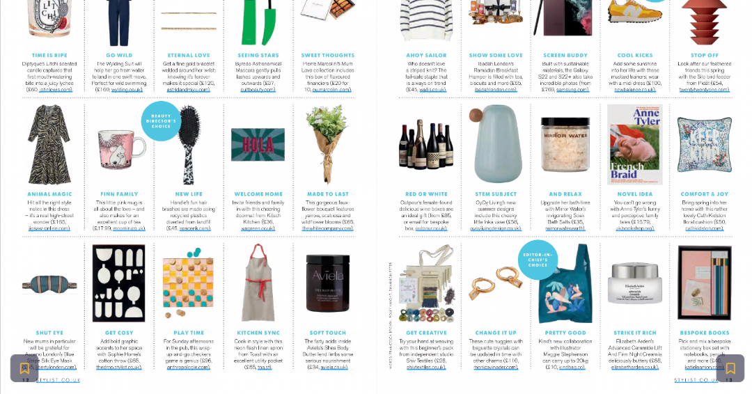 A product roundup from a newspaper or magazine. The page features several gift ideas organized by categories like "TIME IS RIPE," "GO WILD," "ANIMAL MAGIC," and more. The Aviela Pure shea butter is shown in the "SOFT TOUCH" section, next to a black jar of product. The page also features a wide variety of items, including a dress, a mug, a hairbrush, various accessories, a bottle of wine, a skincare product, a book, pillows, an apron, and more.