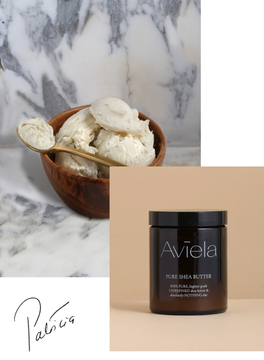 Remedy banner of A collage of two images. The top left features a wooden bowl filled with a creamy, off-white pure shea butter, with a golden-colored spoon resting in it, all on a white marble surface. The bottom right features a full, front-on shot of a large, dark amber glass jar of Aviela Pure Shea Butter on a solid tan background.